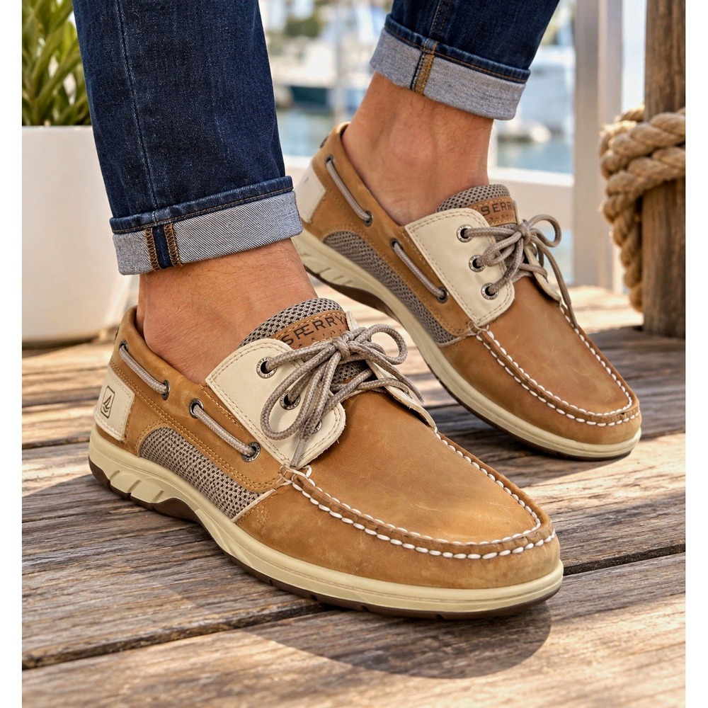 Sperry Top-Sider Mens Leather Mesh Boat Shoes Brown Beige 11.5 0799023